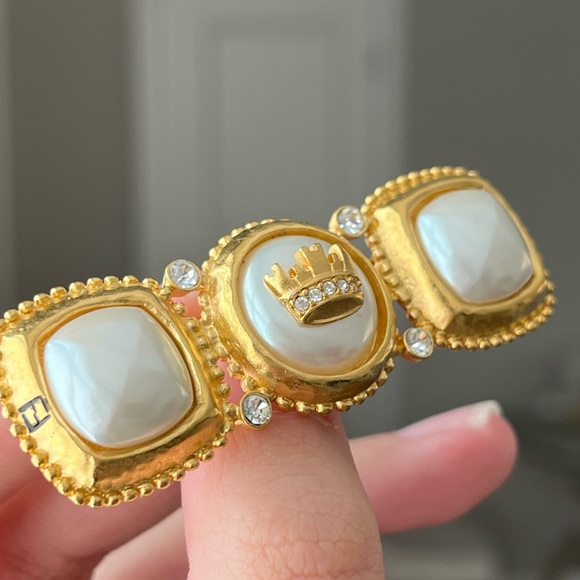 Vintage Fendi Crown Logo Faux Pearl Rhinestone Gold Bar Brooch Collectible